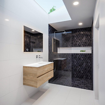 ENSEMBLE DE MEUBLE MONDIAZ VICA - 100cm - 2 tiroirs - lavabo Moon à droite - 0 trous de robinet - solid surface chêne blanchi