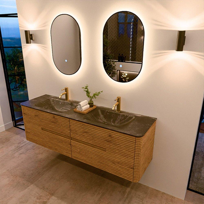 Mondiaz CIRO-DLUX Badkamermeubelset - 160x45x50cm - Solid surface wastafel Lava - 2 wasbak Dubbel - 2 kraangaten - 4 lades - Oak