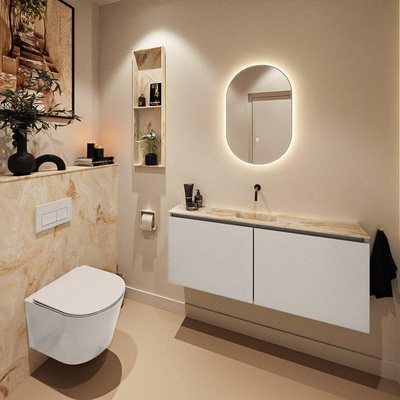 MONDIAZ TURE-DLUX Meuble de toilettes 120 cm Linen. EDEN lavabo Frappe position milieu. Sans trou de robinet.
