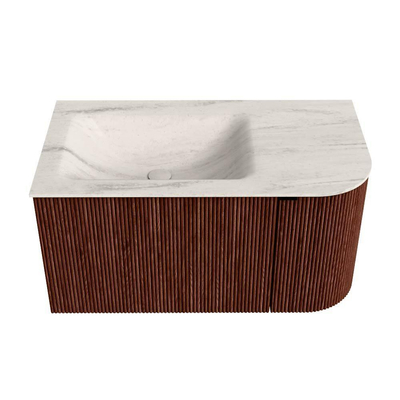 MONDIAZ KURVE-DLUX Meuble de salle de bains 85cm arrondi à droite couleur Ruby avec 1 tiroir et 1 porte. Lavabo CLOUD gauche sans trou de robinet Meli.