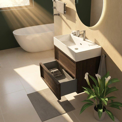 Saniclass Holz Frame Ensemble de meubles de salle de bains - 80x45x72cm - lavabo Legend en céramique blanc - 1 vasque - 1 trou de robinetterie - 2 tiroirs - chêne charcoal mat (bois)