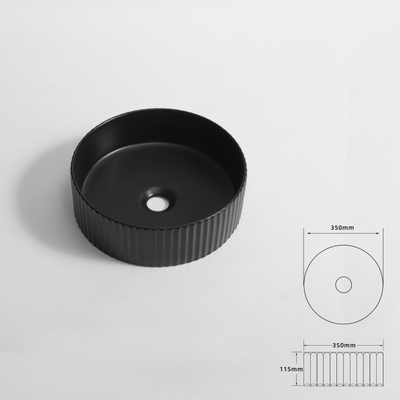 QeramiQ Arto waskom - 36x36x12.5 - geribbeld - rond - keramiek - zwart mat