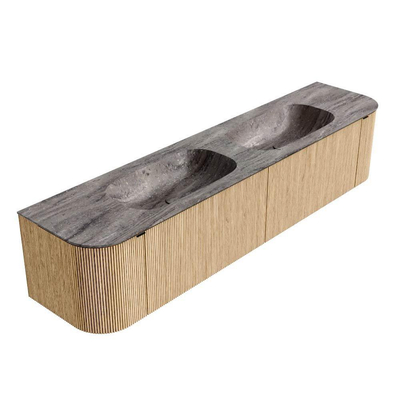 MONDIAZ KURVE-DLUX Meuble de salle de bains 200cm arrondi gauche + droite couleur Oak avec 2 tiroirs et 2 portes. Lavabo STOR SMALL Double sans trou de robinet Oza.