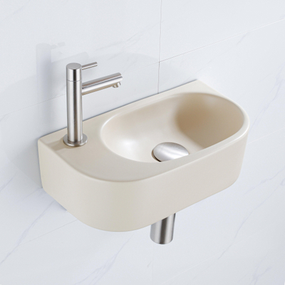 QeramiQ Fuente fonteinset – halfrond – 40x21.5x12 cm – keramiek beige – kraangat links – kraan geborsteld RVS
