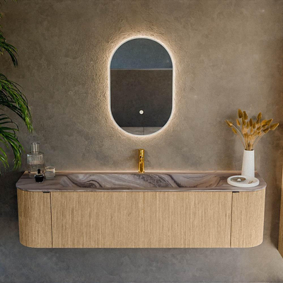 MONDIAZ KURVE-DLUX Meuble de salle de bains 170cm arrondi Gauche + Droite couleur Chêne avec 1 tiroir et 2 portes. Vasque BIG LARGE Centrale 1 trou de robinet Sombra.