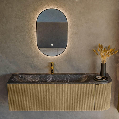 Mondiaz KURVE-DLUX Badkamermeubelset - 145x46x40cm - 1 lade - 1 deur - wastafel solid surface - links - 1 kraangat - Dusk