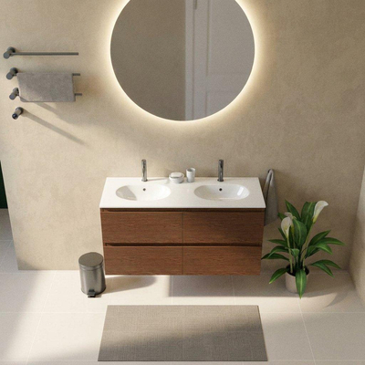 Saniclass Holz Pure Ensemble de meuble de salle de bains - 120x45x74cm - Vasque Chaci en céramique blanche - 2 vasques - 2 trous de robinetterie - 4 tiroirs - walnut pure mat (bois)