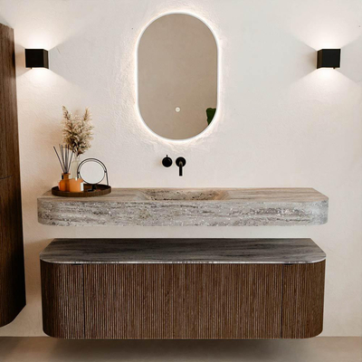 MONDIAZ THOR-DLUX 150cm badmeubel ronding links + rechts kleur Walnut met 1 lade en 2 deuren. Vrijhangende wastafel CLOUD Midden zonder kraangat kleur Oza.