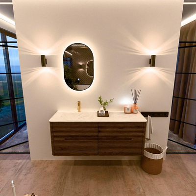 Mondiaz CIRO-DLUX Badkamermeubelset - 130x45x50cm - Solid surface wastafel Opalo - 1 wasbak Links - 1 kraangat - 4 lades - Dusk