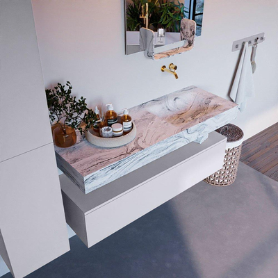 Mondiaz ALAN-DLUX Ensemble de meuble - 130cm - meuble Cale mat - 1 tiroir - Lavabo Cloud Glace suspendu - vasque Droite - 0 trous de robinet