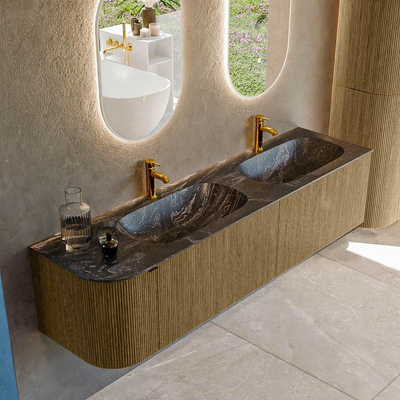 Mondiaz KURVE-DLUX Ensemble de meuble salle de bain - 175x46x40cm - 2 tiroirs - 1 porte - lavabo en solid surface - double / droite - 2 trous de robinet - Dusk