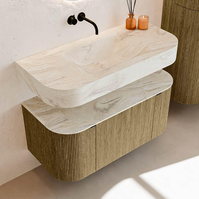 MONDIAZ THOR-DLUX 100cm meuble de salle de bains arrondi gauche + droite couleur Dusk avec 1 tiroir et 2 portes. Vasque suspendue CLOUD Centre sans trou de robinet couleur Ostra.