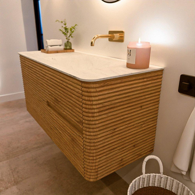Mondiaz CIRO-DLUX Badkamermeubelset - 110x45x50cm - Solid surface wastafel Opalo - 1 wasbak Rechts - zonder kraangaten - 2 lades - Oak