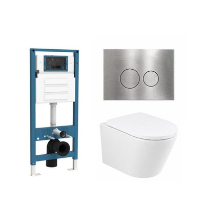 QeramiQ Dely Ensemble WC - réservoir encastré Qeramiq Flush - abattant 35mm - plaque de commande en acier inoxydable métal - boutons ronds - blanc mat