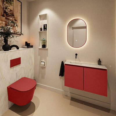 MONDIAZ TURE-DLUX Meuble toilette - 80cm - Fire - EDEN - vasque Ostra - position gauche - sans trou de robinet
