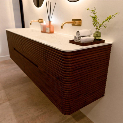 Mondiaz CIRO-DLUX Meuble de salle de bains - 180x45x50cm - Plan vasque Solid surface Opalo - 2 vasques Double - sans perçage pour robinet - 4 tiroirs - Ruby