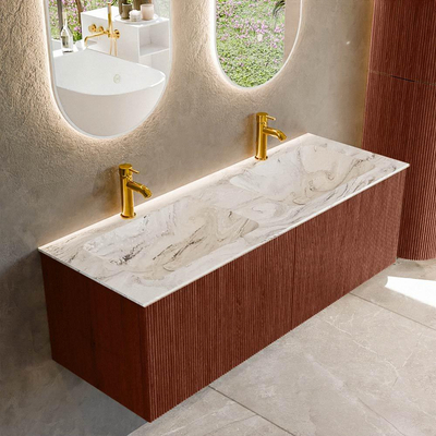 Mondiaz KURVE-DLUX Badkamermeubelset - 130x46x40cm - 2 lade - wastafel solid surface - dubbel - 2 kraangaten - Ruby