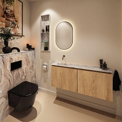 MONDIAZ TURE-DLUX Meuble toilette - 120cm - Washed Oak - EDEN - vasque Glace - position gauche - sans trou de robinet