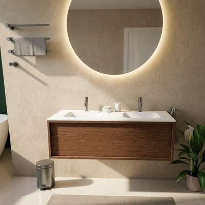 Saniclass Holz Frame Ensemble meuble de salle de bains - 120x45x41.5cm - Vasque Flow en solid surface blanc - 2 lavabos - 2 trous de robinetterie - 1 tiroir - walnut pure mat (bois)
