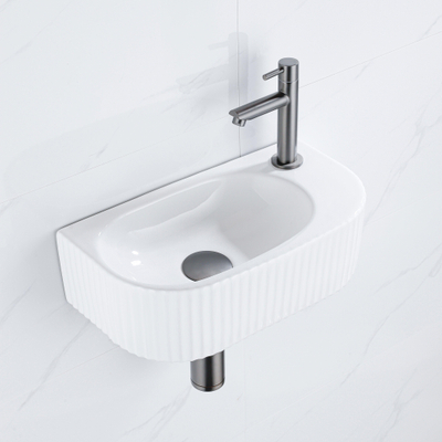 Fugaflow Efficiente Ensemble Fontaine Pietra - 40x21,5x12 cm - droite - rainurée - demi-ronde - 1 trou de robinet - céramique - robinet de fontaine gunmetal - bouchon de vidange - siphon abaissé - blanc brillant