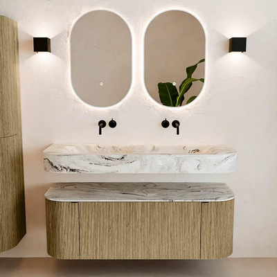 MONDIAZ THOR-DLUX 130cm meuble de salle de bains arrondi gauche + droite couleur Dusk avec 1 tiroir et 2 portes. Vasque suspendue CLOUD Double sans trou de robinet couleur Glace.