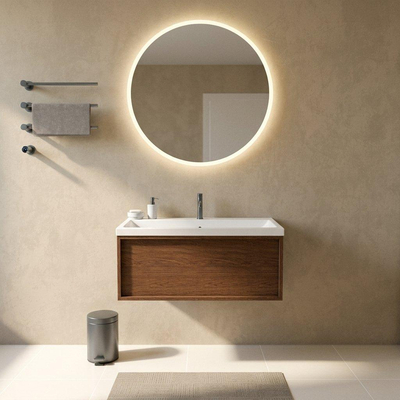 Saniclass Holz Frame Ensemble meuble de salle de bains - 100x45x43.5cm - Lavabo en céramique Bari blanc - 1 vasque - 1 trou de robinetterie - 1 tiroir - walnut pure mat (bois)