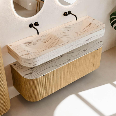 MONDIAZ THOR-DLUX 140cm badmeubel ronding links + rechts kleur Oak met 1 lade en 2 deuren. Vrijhangende wastafel CLOUD Dubbel zonder kraangat kleur Nata.