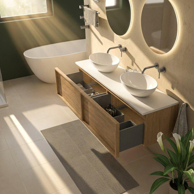 Saniclass Holz Frame Badkamermeubelset - 160x45x42.5cm - Torino solid surface topblad wit - zonder kraangat - 2 lades - mat eiken natural (hout)