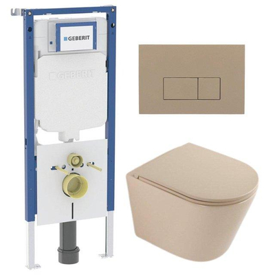 QeramiQ Dely Toiletset - 36.3x51.7cm - diepspoel - rimless - Geberit UP720 inbouwreservoir - softclose toilet zitting - bedieningsplaat taupe - rechthoekige knoppen - mat beige