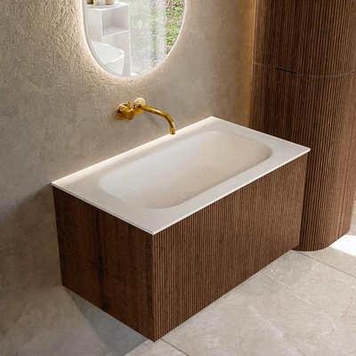 MONDIAZ KURVE 80cm badmeubel kleur Walnut met 1 lade. Wastafel BIG SMALL midden zonder kraangat Talc.