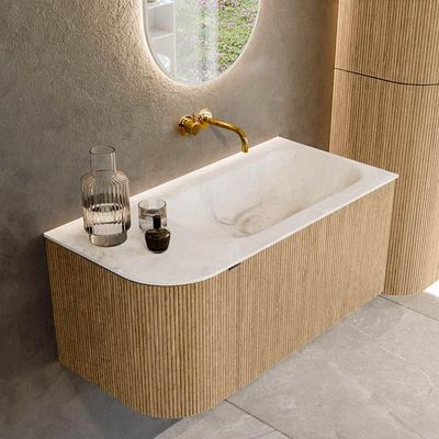 MONDIAZ KURVE-DLUX meuble de salle de bains 95 cm avec module 25 L couleur Chêne avec 1 tiroir et 1 porte. Lavabo BIG SMALL à droite sans trou de robinet couleur Frappe.