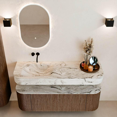 MONDIAZ THOR-DLUX 140cm badmeubel ronding links + rechts kleur Walnut met 1 lade en 2 deuren. Vrijhangende wastafel CLOUD Links zonder kraangat kleur Glace.
