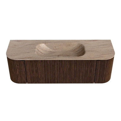 MONDIAZ KURVE-DLUX 140cm badmeubel ronding Links + Rechts kleur Walnut met 1 lade en 2 deuren. Wastafel BIG SMALL Midden 1 kraangat Saba.