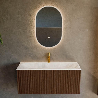 MONDIAZ KURVE-DLUX 100cm badmeubel kleur Walnut met 1 lade. Wastafel BIG MEDIUM midden 1 kraangat kleur Frappe.