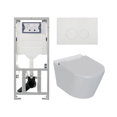 QeramiQ Luma Ensemble WC-douche - Réservoir encastré Geberit UP320 - avec cadre Burda - séchoir - douchette féminine - plaque de commande en plastique blanc brillant - boutons ronds - blanc brillant