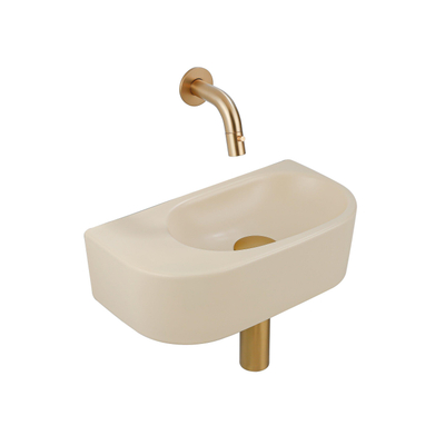 QeramiQ Fuente Fonteinset - 40x21.5x12cm - glad - halfrond - zonder kraangat - keramiek - fonteinkraan geborsteld messing - afvoerplug - verlaagd sifon - beige
