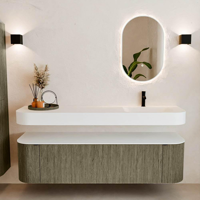 MONDIAZ THOR 170cm badmeubel ronding links + rechts kleur Shadow met 1 lade en 2 deuren. Vrijhangende wastafel CLOUD Rechts 1 kraangat kleur Talc.