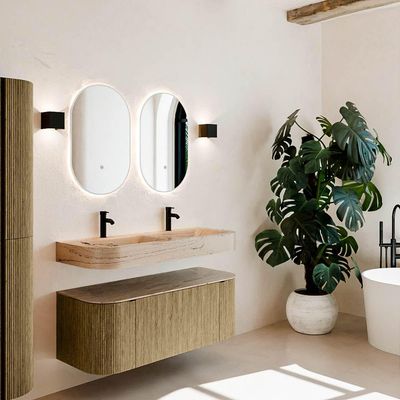 MONDIAZ THOR-DLUX 120cm meuble de salle de bains arrondi gauche + droite couleur Dusk avec 1 tiroir et 2 portes. Vasque suspendue CLOUD Double 2 trous de robinet couleur Arena.