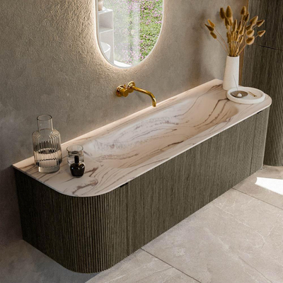 MONDIAZ KURVE-DLUX Meuble de salle de bains 150cm courbure Gauche + Droite couleur Shadow avec 1 tiroir et 2 portes. Lavabo BIG MEDIUM Central sans trou de robinet Nata.