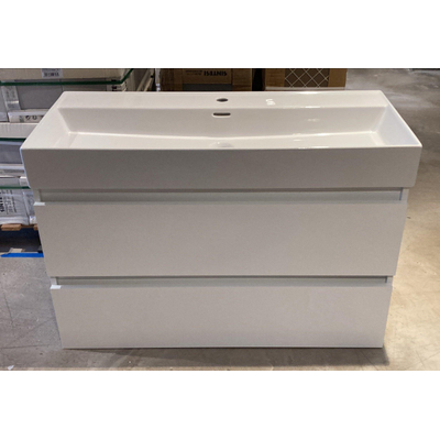 Adema Chaci Badkameronderkast - 100cm - 2 lades - greeploos - binnenlade linnen - mat wit glans - inclusief keramische wastafel - 1 wasbak - 1 kraangat -OUTLET UDEN