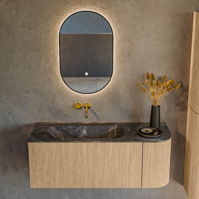 MONDIAZ KURVE-DLUX 115cm Meuble salle de bain avec module 25 D - couleur Oak - 1 tiroir - 1 porte - vasque BIG SMALL gauche - sans trou de robinet - couleur Lava