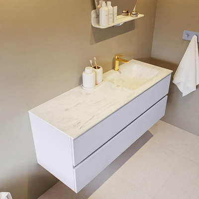 Mondiaz VICA-DLUX ensemble de meuble de salle de bain - 130cm - meuble sous-vasque cale - 2 tiroirs - lavabo encastré cloud droite - 1 trou de robinet - version haute de 60cm - opalo