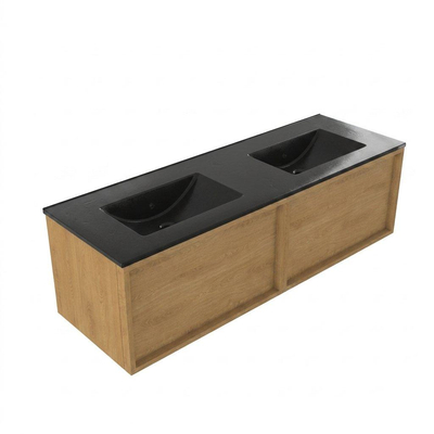 Saniclass Holz Frame Ensemble meuble de salle de bains - 140x45x42cm - lavabo Vygo en céramique noir - 2 vasques - sans trous de robinetterie - 2 tiroirs - chêne natural mat (bois)