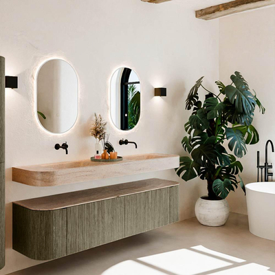 MONDIAZ THOR-DLUX Meuble de salle de bains 180cm arrondi gauche + droite couleur Shadow avec 2 tiroirs et 2 portes. Vasque suspendue CLOUD Double sans trou de robinet couleur Saba.