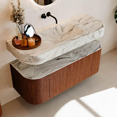 MONDIAZ THOR-DLUX 120cm meuble de salle de bains arrondi gauche + droite couleur Ruby avec 1 tiroir et 2 portes. Vasque suspendue CLOUD Milieu sans trou de robinet couleur Glace.