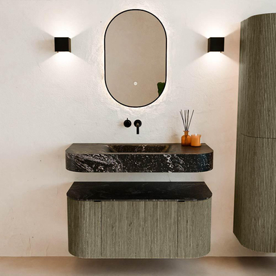 MONDIAZ THOR-DLUX 100cm meuble de salle de bains arrondi gauche + droite couleur Shadow avec 1 tiroir et 2 portes. Vasque suspendue CLOUD Milieu sans trou de robinet couleur Lava.