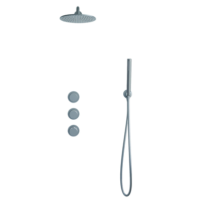 Fortifura Nebbio Ensemble de douche pluie - mitigeur encastré - élément encastré - coude mural de raccordement - flexible de douche lisse - douchette à main sur barre - bras mural 35cm - pomme de tête ronde - finition PVD gunmetal brossé