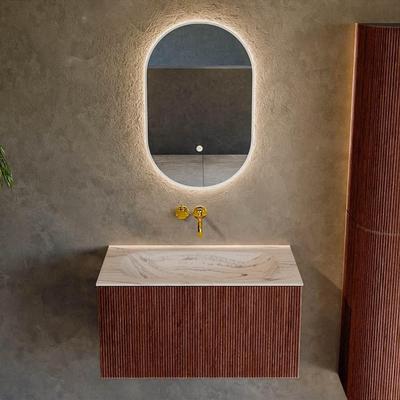 MONDIAZ KURVE-DLUX Meuble de salle de bains 80 cm couleur Ruby avec 1 tiroir et 0 porte. Lavabo BIG SMALL Milieu sans trou de robinet Nata.