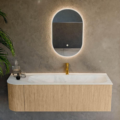 MONDIAZ KURVE-DLUX 145cm Meuble salle de bain avec module 25 G - couleur Oak - 1 tiroir - 1 porte - vasque BIG LARGE droite - 1 trou de robinet - couleur Opalo