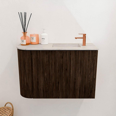 Mondiaz JOYA-DLUX 61.6cm toiletmeubel - ronding links kleur Walnut - Wastafel FAYE positie Rechts 1 kraangat kleur Ostra.
